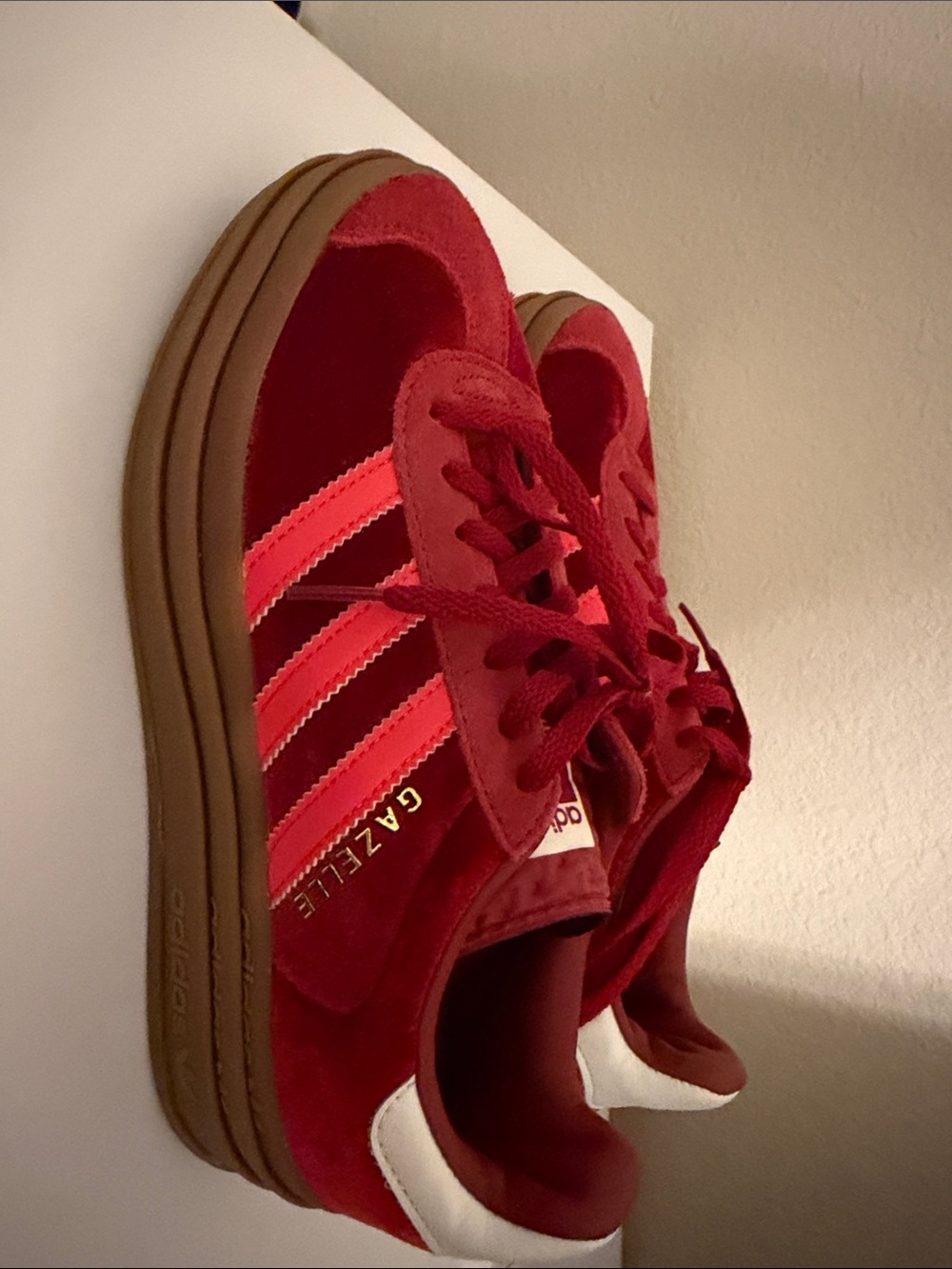 adidas Gazelle Red Suede Sneakers with Pink Stripes and Gum Sole